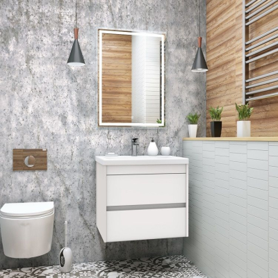 База под раковину подвесная с двумя выкатными ящиками, Bianco Lucido, 580x480x550, Family-580-2C-SO-BL