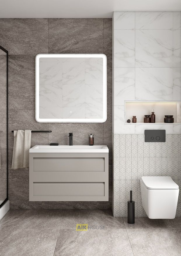 База под раковину подвесная с двумя выкатными ящиками, Светло-серый матовый AM-Platino-1000-2C-SO-GСM