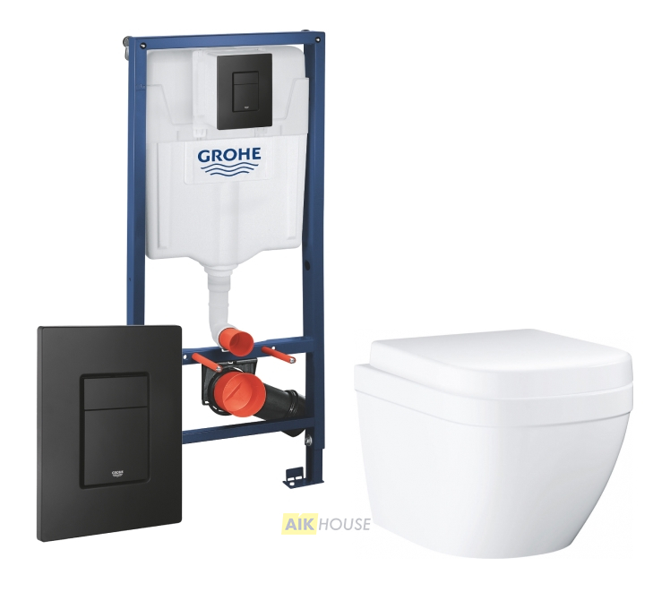 Комплект 3 в 1 инсталляция Grohe Rapid SL, Унитаз подвесной Grohe Euro Ceramic 39206000, кнопка черная